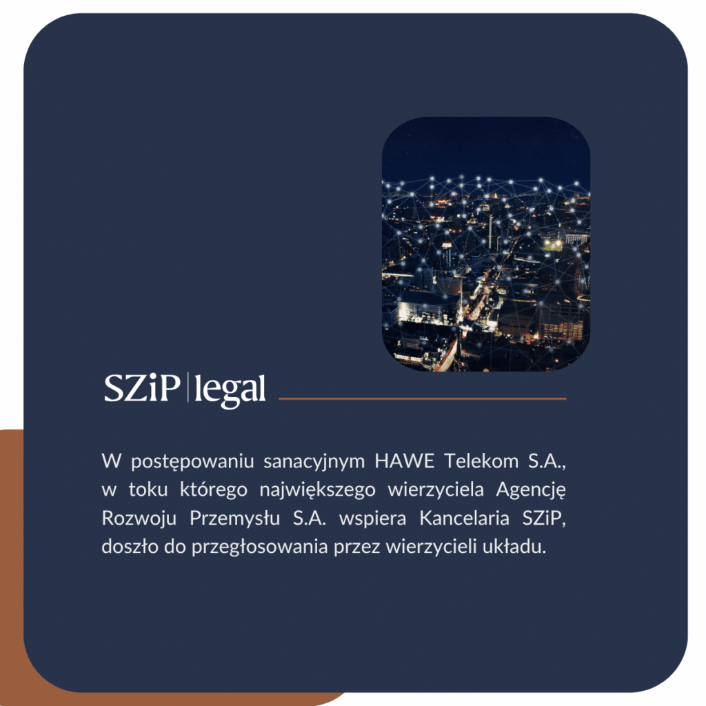 W postępowaniu sanacyjnym HAWE Telekom S.A., w toku którego największego wierzyciela Agencję Rozwoju Przemysłu S.A. wspiera Kancelaria SZiP, doszło do przegłosowania przez wierzycieli układu.